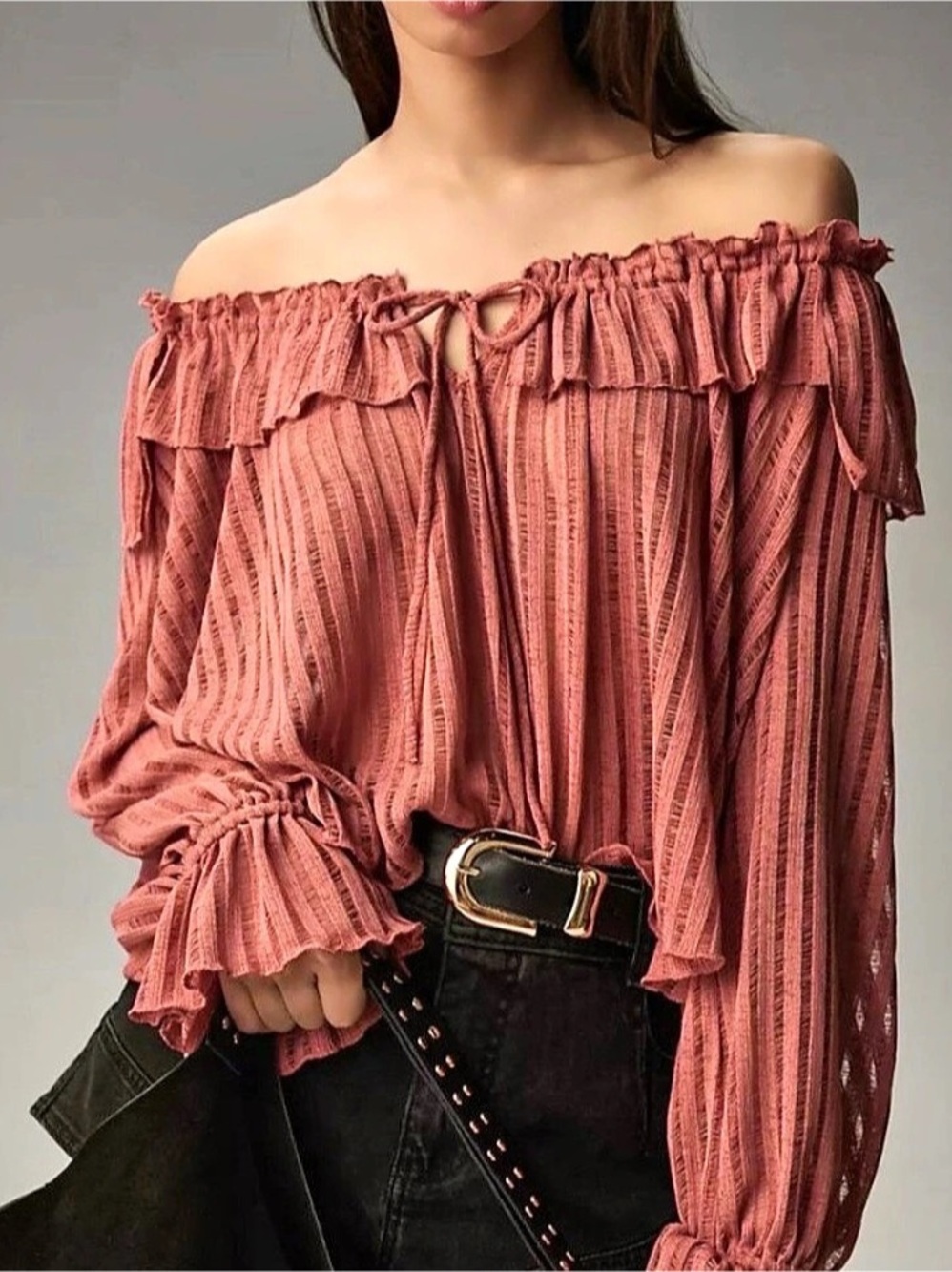 By Anthropologie Long-Sleeve Sheer Striped Crop Blouse Sz S